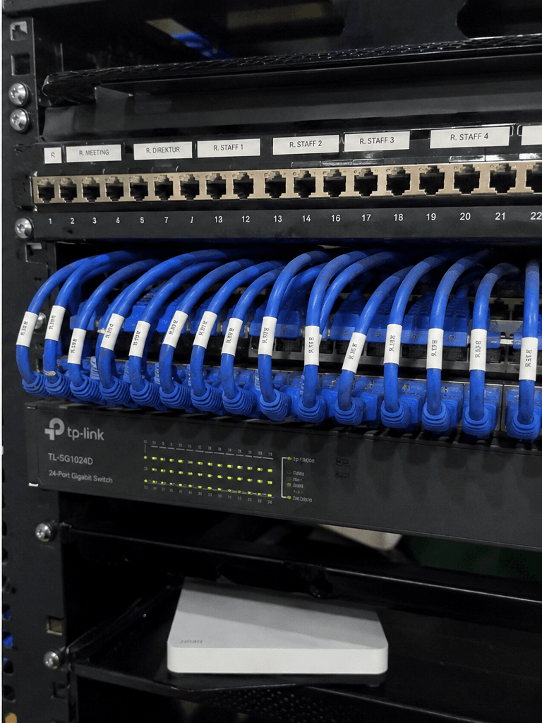 Visual rack jaringan dengan patch panel dan kabel LAN berlabel