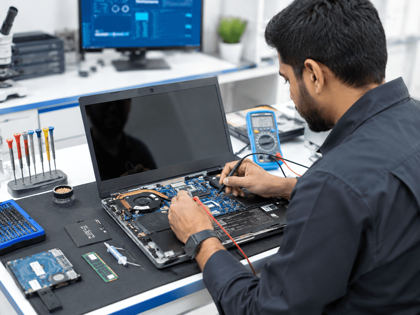 Ilustrasi proses diagnostic dan pemeriksaan hardware laptop